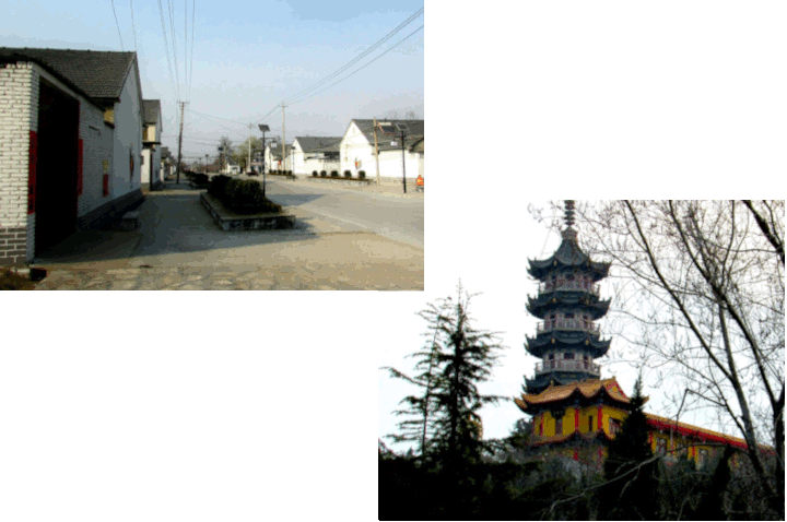 Imagens retratando a tranquilidade de um bairro chinês. Uma foto mostra um conjunto de casas, a outra mostra um templo cercado de árvores.